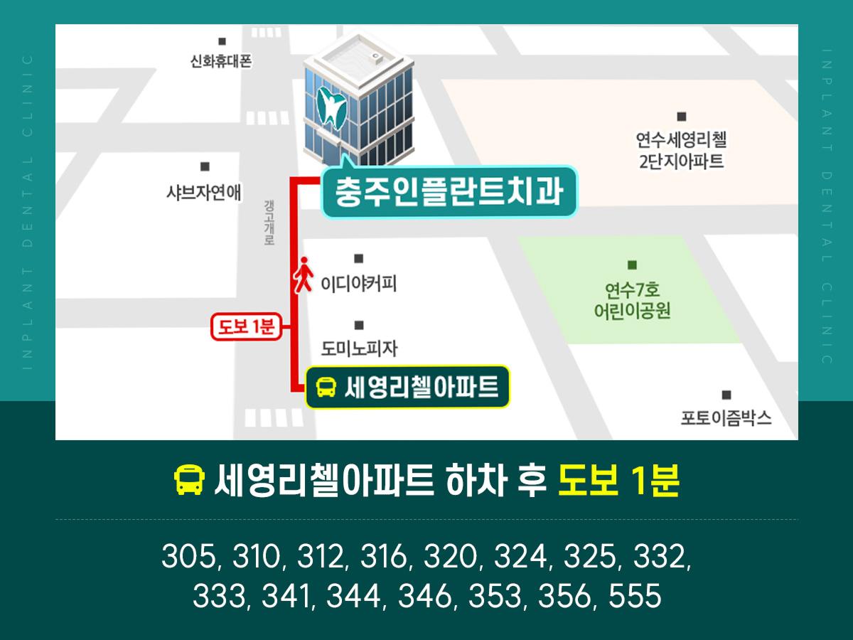 인플란트치과 버스 이용 안내 - 세영리첼아파트 하차 후 도보 1분 / 305, 310, 312, 316, 320, 324, 325, 332, 333, 341, 344, 346, 353, 356, 555